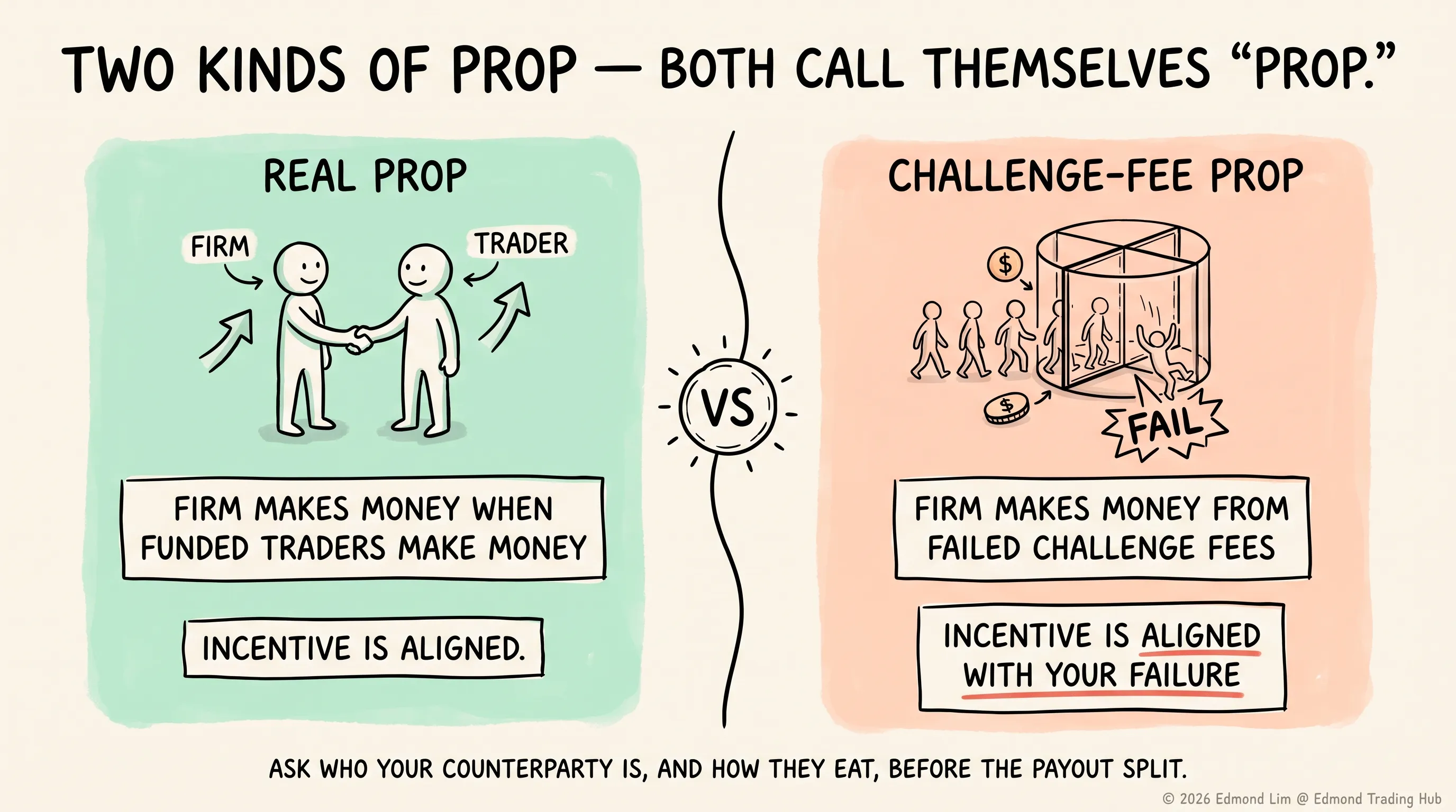 Real prop: the firm makes money when funded traders make money, incentive aligned. Challenge-fee prop: the firm makes money from failed challenge fees, incentive aligned with your failure — both call themselves prop