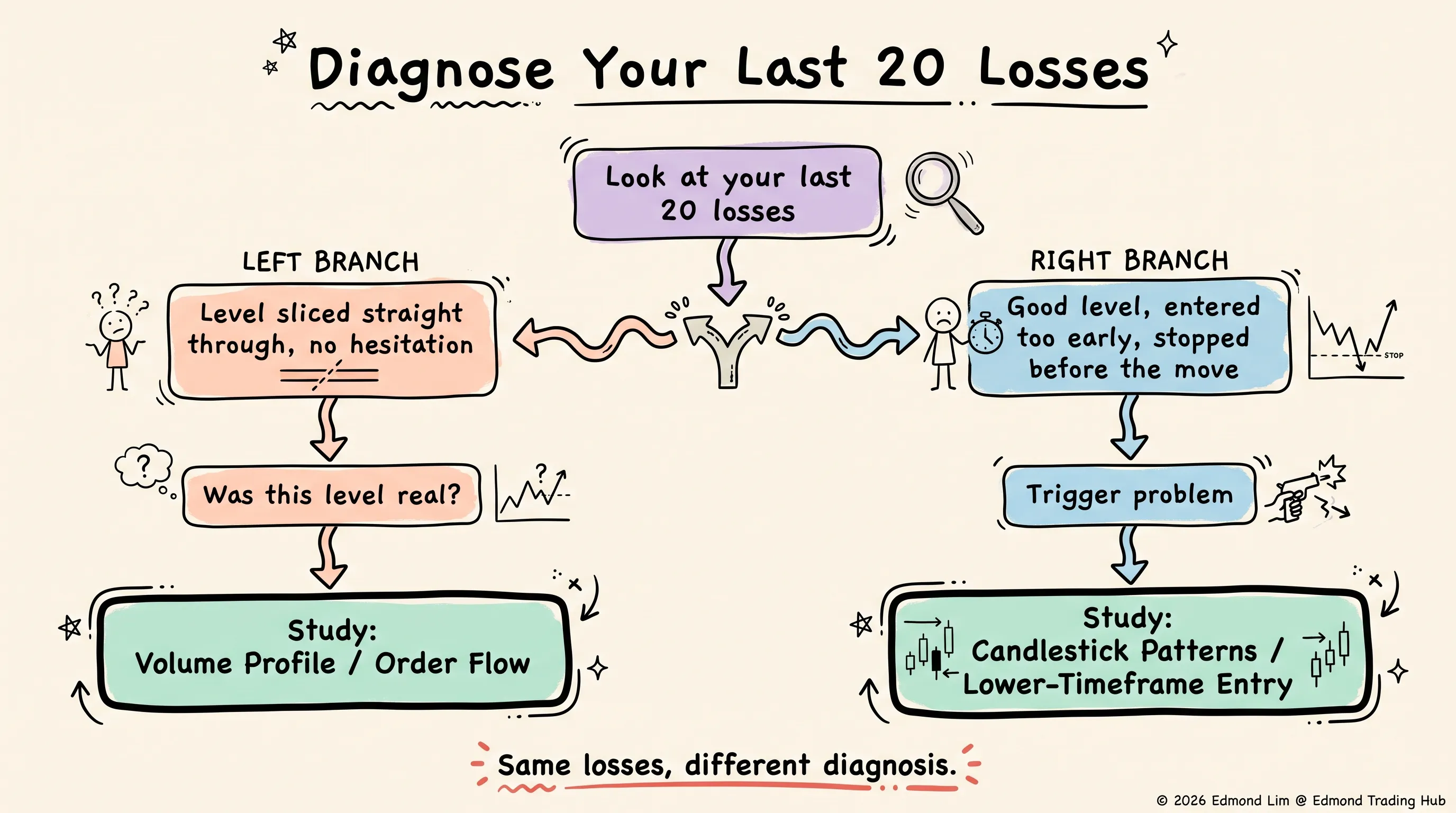 Diagnosing your last 20 losses branches two ways: levels sliced straight through point to studying volume profile or order flow, while good levels you entered too early point to studying candlestick patterns or lower-timeframe entry