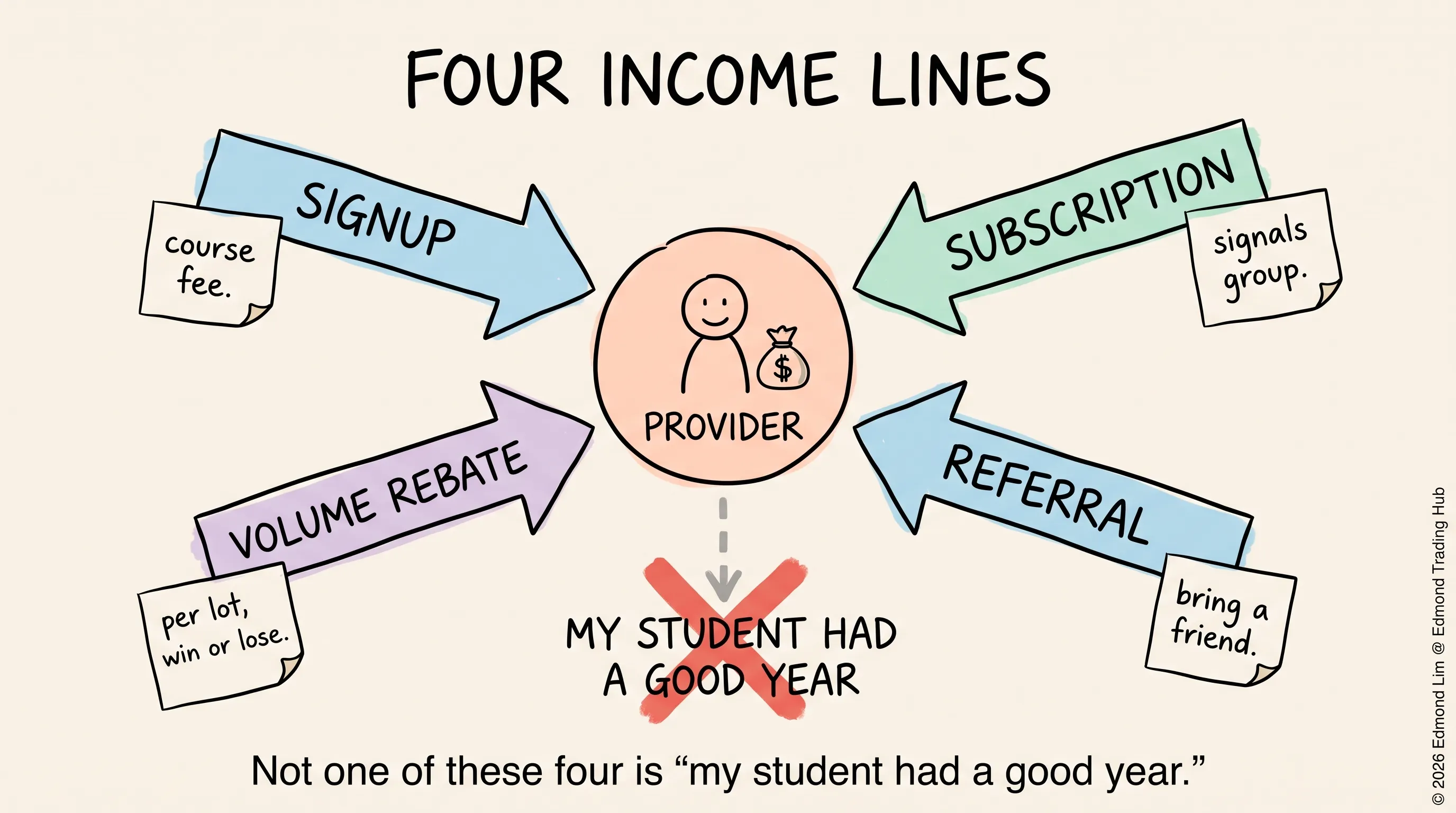 Four income lines flow into the provider — signup, subscription, volume rebate, referral — while a fifth, disconnected line, “my student had a good year,” never connects
