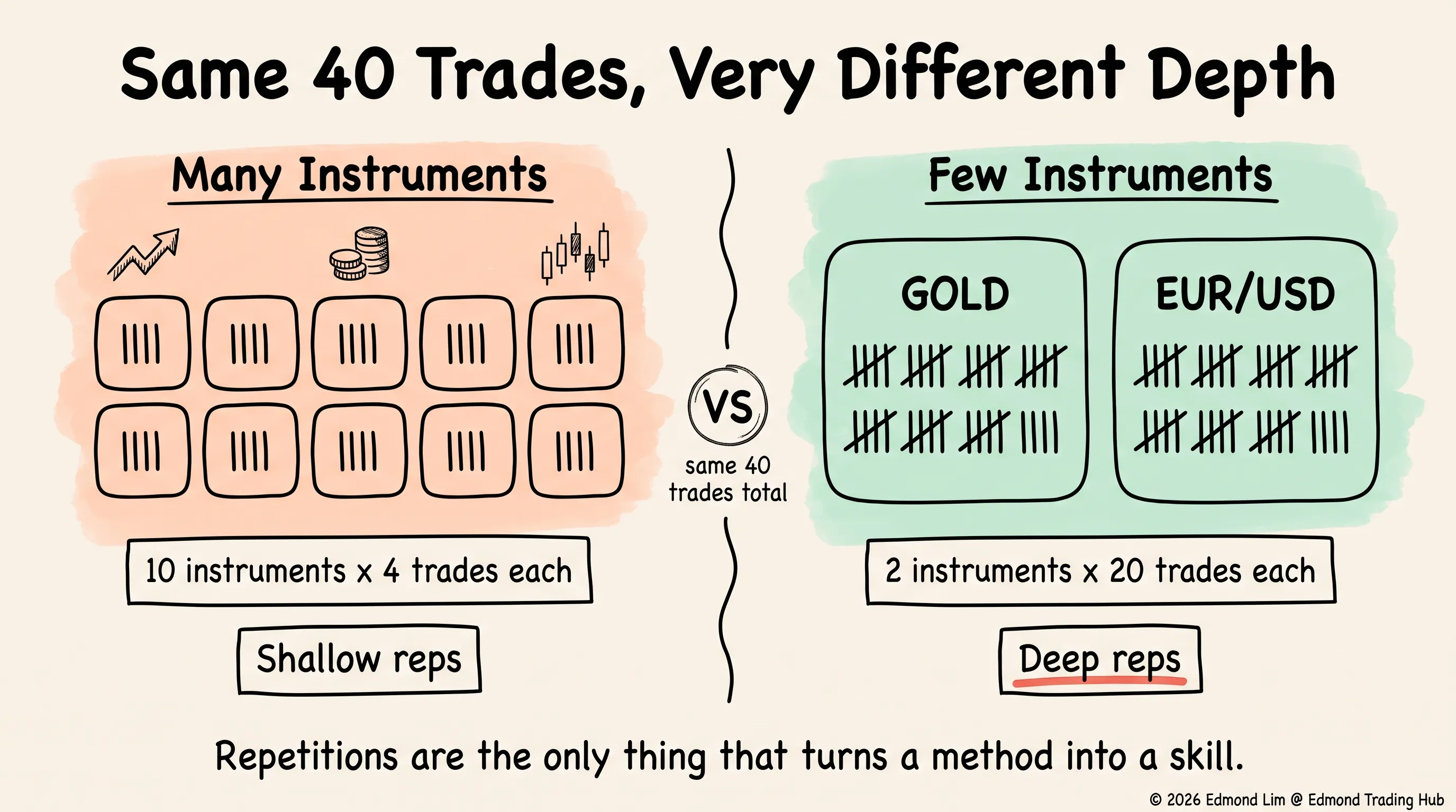 Ten small squares each holding four tally marks on the left, against two large squares labelled Gold and EUR/USD each holding twenty tally marks on the right, the same forty trades producing very different depth